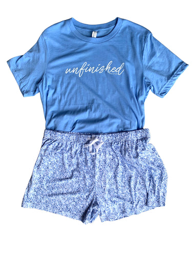 unfinished blue short sleeve SHIRT ONLY-shorts on separate listing