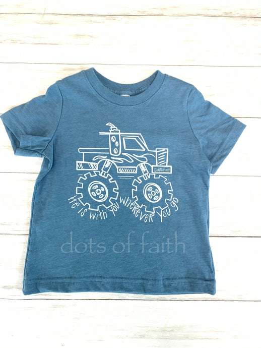 monster truck BLUE short sleeve boys shirt